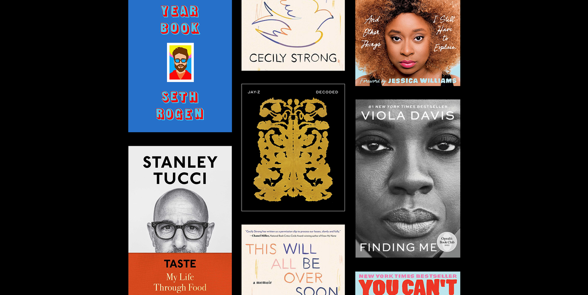 book covers including viola davis finding me, stanley tucci, jessica williams, cecily strong, and seth rogan book covers including viola davis finding me, stanley tucci, jessica williams, cecily strong, and seth rogan